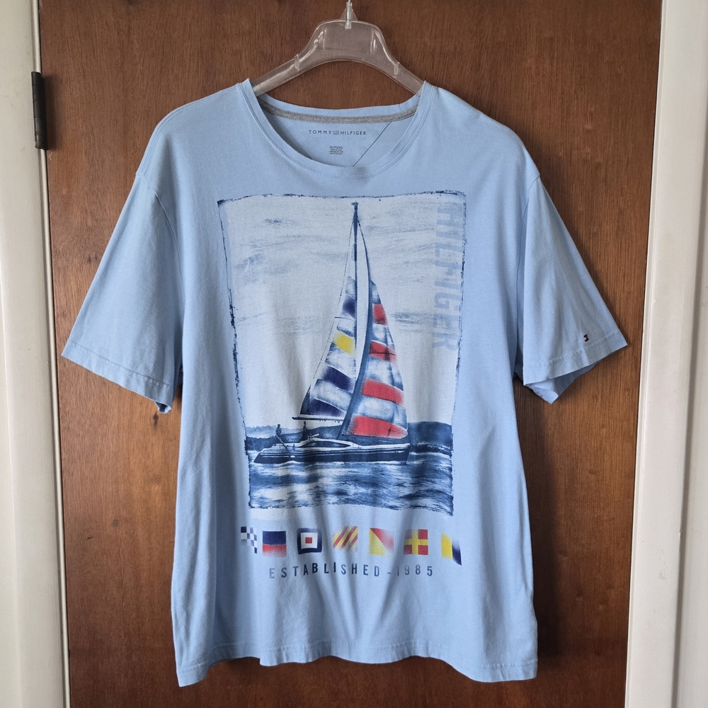 Tommy Hilfiger Light Blue  Nautical Sailing Graphic T-Shirt Mens Size XL